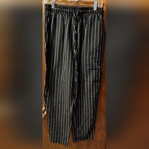 Women Black/White Striped Lightweight Elastic Waist Drawstring Pants XL Zanzea